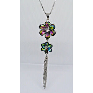 Betsey Johnson Flower Multicolor Watermelon Crystal Silvertone Necklace 29"